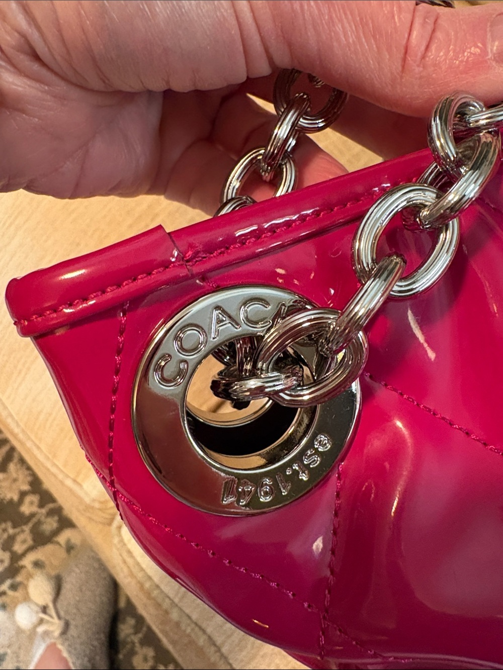 Rare Coach Hot Pink Patent Quilted Shoulder Bag with Silver Chain Straps. - Picture 8 of 15